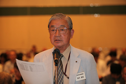 熊本地震の支援のお礼を述べる谷川熊本県支部協会長